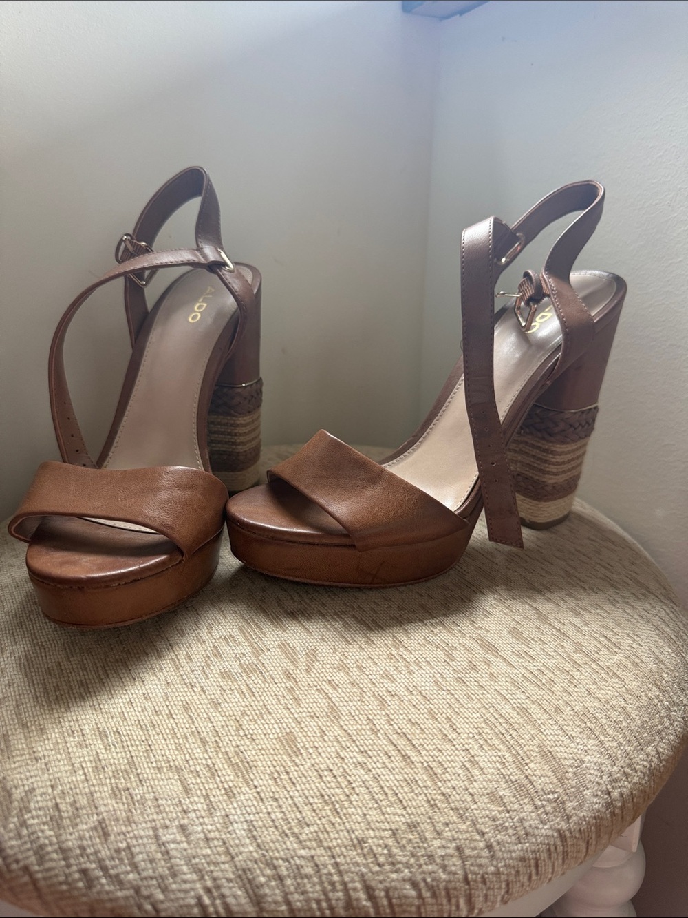 Aldo Tan Brown Platform Slingback Heels